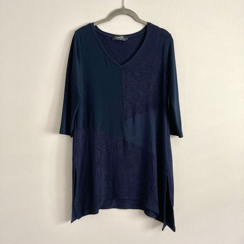 Sympli Great Divide Sweater Tunic Blouse 3/4 Sleeve Mixed Fabric Navy Size 6